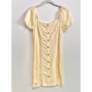 Womens Butter Yellow Puff Sleeve Mini Dress S Fitted Smocked Buttons Boho Summer